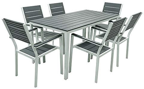 SET TAVOLO CON SEDIE DA GIARDINO COMPLETO TAVOLO CON 6 POLTRONE DA ESTERNO STRUTTURA IN METALLO BIANCO E DOGHE IN HPDE GRIGIO EFFETTO TEAK