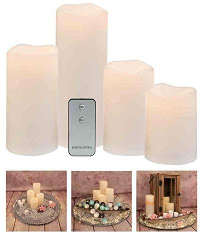 Idena 30474 - LED Stumpenkerzen, 4 Stück, mit warmweißem Flackerlicht und Fernbedienung, batteriebetrieben, Durchmesser ca. 7,5 cm, Höhe ca. 10/12/15/20 cm, Deko für Weihnachten, als Stimmungslicht