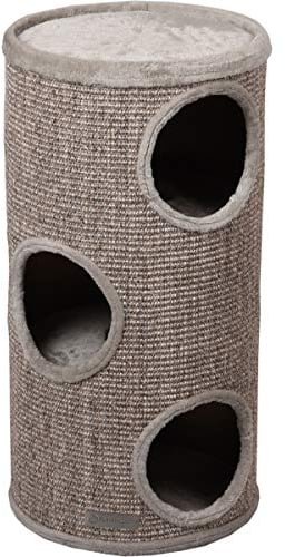 Kratztonne für Katzen – Flamingo Greta - Kratztonne 70 cm Hoch, Ø 36 cm – Kratztonne mit 3 Öffnungen & Liegefläche – Katzenmöbel in Natur & Grau – Stabil & Dekorativ