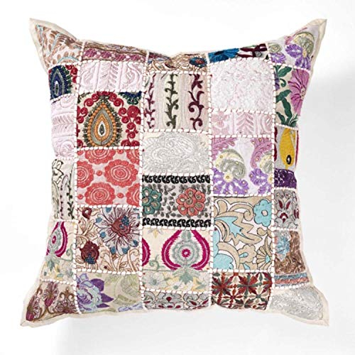 Orientalisches Patchwork Kissen MAR BEIGE Bunt 40x40 cm mit Füllung Stickerei & Pailletten | Boho Chic Deko-Kissen Couchkissen Sofa-Kissen & Geschenk-Idee Weihnachten MA7903