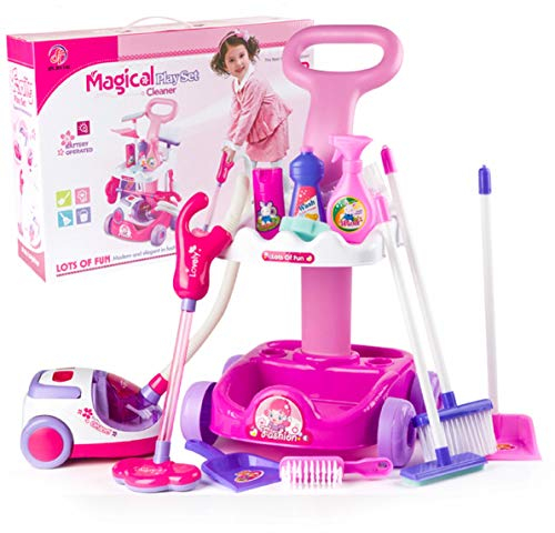 MalPlay Chariot de nettoyage - Équipé d'un balai et bien plus encore - Aspirateur à piles avec fonction sonore - Jeu de rôle - Pour les enfants à partir de 3 ans.