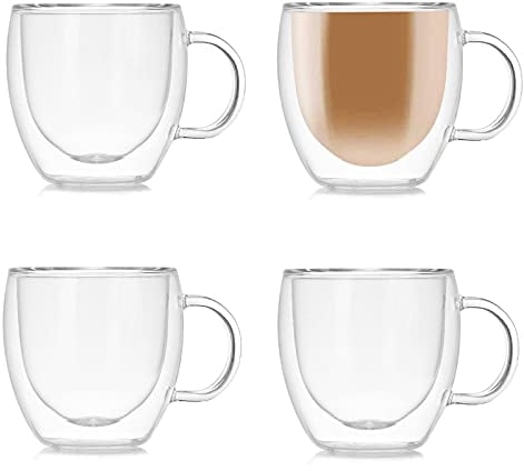 TUIHJA Set di 4 tazze da caffè in vetro a doppia parete con manico, tazze in vetro a doppia parete per espresso, latte, cappuccino (150 ml)
