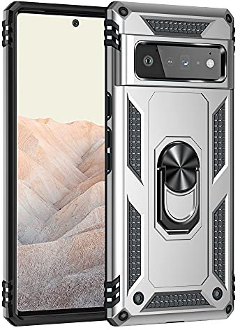 BestST Hülle für Google Pixel 6 Pro + schutzfolie, Militärische Armor Hybrid Schutzhülle Silikon Stoßfest Bumper Cover Case Ringhalter Handytasche Handy Hüllen,Silber