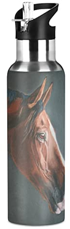 Mnsruu Cheval Art Cheval Animal Isotherme Bouteille d'eau avec Paille, Gourde Sport en Acier Inoxydable 600ML Gourdes sans BPA pour Enfant Garçon Fille École Bureau