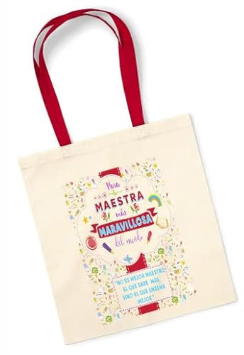 Los Eventos de la Tata. Borsa Tote Bag con manico rosa da regalare a insegnanti insegnanti, Manico rosso, 38 x 42 cm