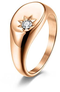 Mesnt Ehe Ringe Edelstahl, Gothic Ringe Herren, Ovale Sonnenmuster-Einlage Mit Siegelring Aus Zirkonia Ring aus Edelstahl Roségold Größe 54 (17.2)