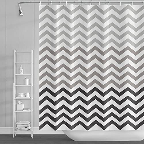 SDOTPMT 105x160cm Welle Streifen Duschvorhang Grau Weiß Gradient Horizontal Wellenförmig Zickzack Badevorhang Abstrakt Geometrisch Badewannenvorhang für Kinder Badezimmer Polyester mit Haken