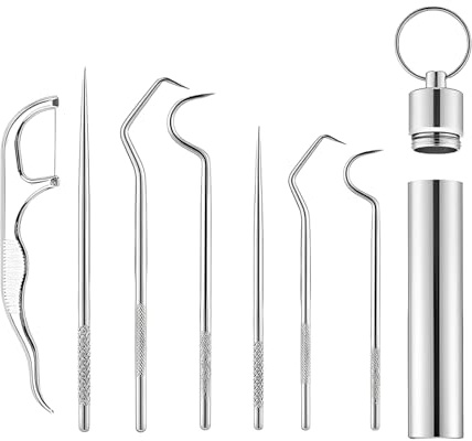 KOMUNJ 7 palillos de dientes de acero inoxidable, juego de limpieza dental, viene con 1 caja para palillos de dientes, llavero portátil, palillo de dientes, para picnic al aire libre y camping