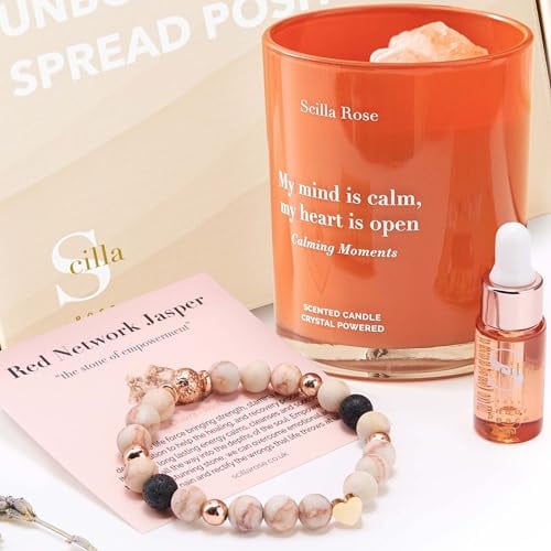 Soothing Anti-Anxiety Aromatherapy Charm Bracelet with Crystal Healing & Scented Candle Set - Women's Relaxation, Stress Relief, Wellness Pamper Hamper Gift for Mum, Best Friend, Sister