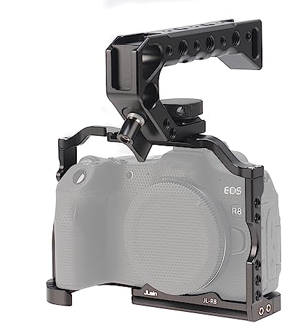 EOS R8 - Jaula para cámara con asa superior, Hersmay aluminio Camera Cage para Canon EOS R8 DLSR Camea Rig estabilizador de vídeo con zapata fría, varios orificios de localización de 1/4 pulgadas y