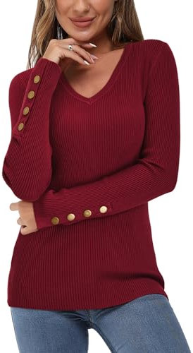 Newshows Women's Jumpers for Women UK Long Sleeve Tops V Neck Ladies Fit Knitted Sweater Warm Pullover Red