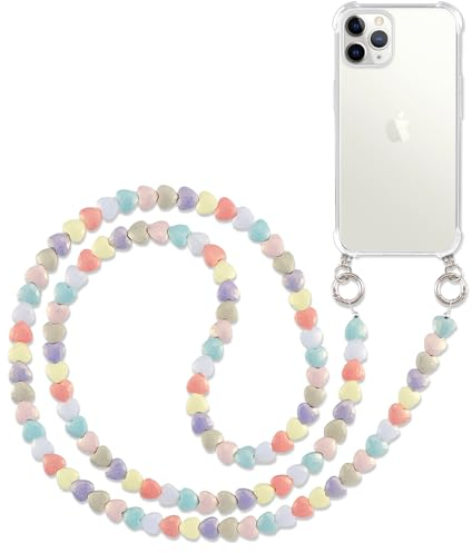 Pnakqil Handykette mit Perlenkette für Apple iPhone 11 Pro 5.8 Hülle Schultergurt mit Band zum Umhängen Schnur Handyhülle Kette Handy Umhängeband Transparent TPU Silikon Case,Herz