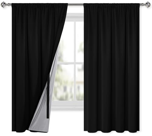 XWZO 100% Blickdichte Vorhänge Wohnzimmer, Vorhänge mit Kräuselband, Gardinen Schlafzimmer, Doppellagige Dicke Verdunklungsvorhänge Thermovorhang Kälteschutz, 175x140 cm(HxB) Schwarz 2er Set