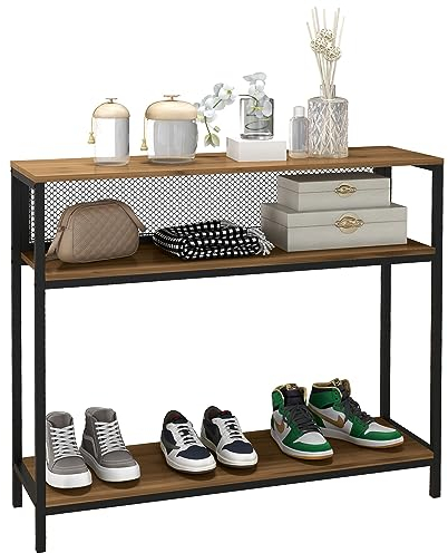 HOMCOM Konsolentisch, Flurtisch mit 2 Regalen, Flurkonsole mit Kippschutz, Schuhregal für Eingangsbereich, Flur, Metall, Braun, 100 x 29,5 x 90 cm