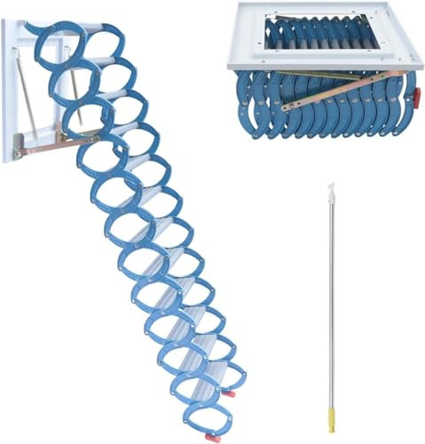 Herunterziehbare Dachbodenleiter, robust, klappbar, Dachbodentreppe, breite Trittfläche, Dachbodenleiter, für den Innen- und Außenbereich, Dachbodentreppe, Teleskopleiter