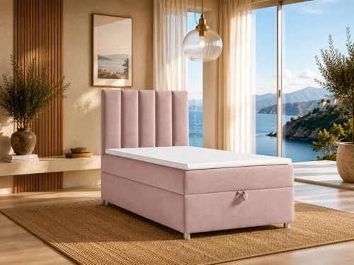 Best For Home Trinity K10 Boxspringbett 80x200 | Stauraum mit Topper | Einzelbett mit Bonell Federkernmatratze H3, Hoher Schlafkomfort, Gepolstertes Kopfteil, Modernes Bett Design und Bettkasten