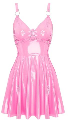 Aislor Damen Lackkleid Wetlook Minikleid Kurz Lack Leder Kleid Kunst Leder Kleid Rückenfrei Partykleid Skater Rock Party Clubwear C Rosa 5XL