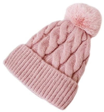 COACOM 1 bonnet chaud en tricot avec doublure en peluche - Bonnet de ski chaud pour femme - Bonnet d'hiver à pompon - Convient pour la chaleur extérieure en hiver (rose), Rose, taille unique