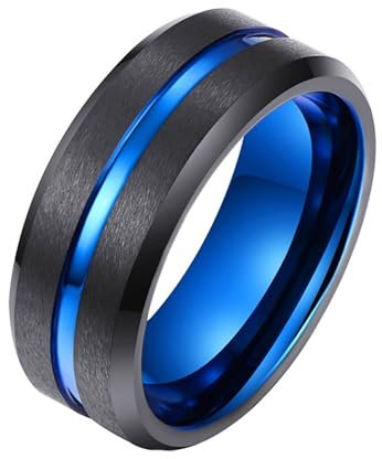 ANAZOZ Wolfram Ringe Eheringe Herren, Ring mit Gravur Mann Verlobungsring Größe 47 (15.0) Schwarzer Gebürsteter Ring Breit 8 mm mit Nut
