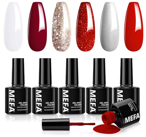 MEFA Vernis Semi Permanent, Vernis Gel UV 6 Couleurs Rouge Blanc Pailleté Kit Gel Ongle French Manucure Nail Art Ongles Gel Soak Off UV/LED Gel Polish pour Starter Salon DIY Home