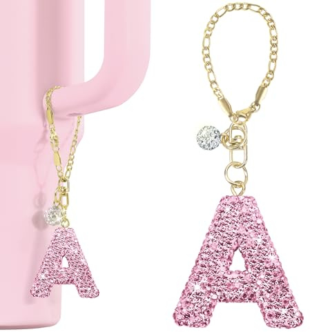 Mokoart Glitter Letter Charms for Stanley Cup, Bottle Chain for Stanley Tumbler with Handle, Bling Initial Name ID Letter