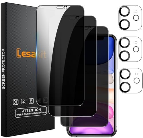 Lesakit 3+3 Pack Privacy Screen Protector for iPhone 11 6.1-Inch with 3 Pack Camera Lens Protector, Anti Spy Tempered Glass Film 9H Hardness Bubble Free Case Friendly