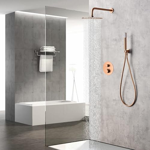 IMEX - Ducha Empotrada Termostática Oro Rosa | Kit de Grifería Empotrado con Alcachofa y Rociador Antical Efecto Lluvia | Columna Ducha Empotrada con Grifo en Latón y Acero Inox S.304| Serie Monza