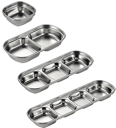 BigKing Dipping Sauce Dish, 4Pcs, Reusable Stainless Steel Divided Sauce Trays for Home Restaurants Food Shops Catering Halls (Silver)