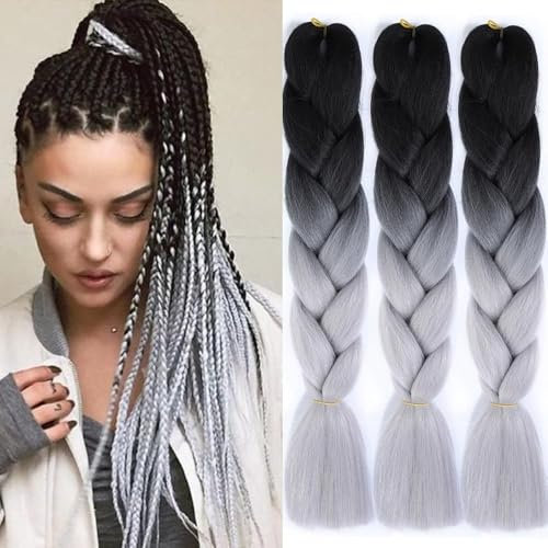 Jooceebaby Kunsthaar Zum Einflechten Easy Braid Vorgedehnte Braids Extensions Schwarz/Silber HaarverläNgerungen 24 Zoll 3packs Haar Zum Einflechten Braids ZopfverläNgerungen (Black/Silver Grey)