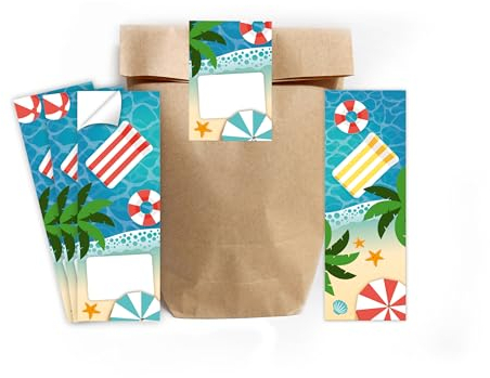 Minkocards 12 Lesezeichen + 12 Geschenktüten (Natur) + 12 Aufkleber Schwimmbad Pool-Party Mitgebsel Mädchen Jungen Gastgeschenke für Kindergeburtstag Jungengeburtstag Mädchengeburtstag