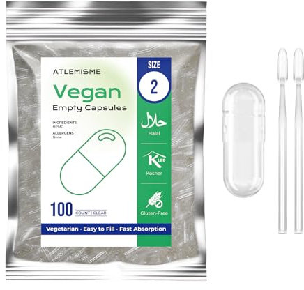 ATLEMISME Gélules Vides Végétales Taille 2 - Lot de 100 avec 2 Cuillères - Sans Gélatine - Gélules Faciles à Remplir et à Dissoudre Rapidement - Idéales pour Compléments Alimentaires et Poudres