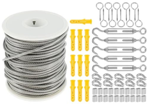 15/30mm Stainless Steel Cable Railing Kit Heavy Duty Coated Wire Rope Wire Roller Shutter Kit For Outdoor Tent Garden Fence (Sliver, 15m)