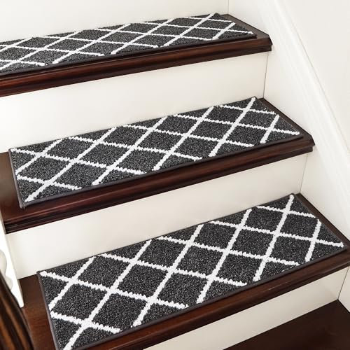 COSY HOMEER 4 Pack Nonslip Stair Treads, 22 x 70cm Self-Adhesive Washable Carpet Stair Runners, Polyester Soft Carpet Tread Pads for Indoor Staircases, Non Skid TPE Backing & Noise Reduction, Black