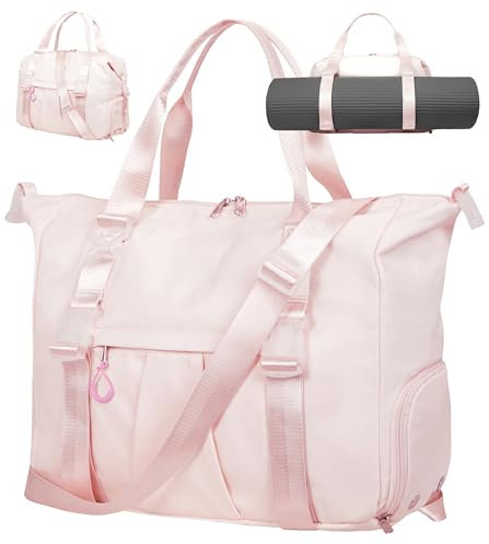 ERTUNA Turnbeutel für Damen mit Yogamattenhaltern, große Reisetasche für Reisen mit Schuhfach, Wochenendtasche für Reisen mit Schlüsselring-Clip, Pink, 21.3*15.4*8 inches / 18x12.5x8 inches,