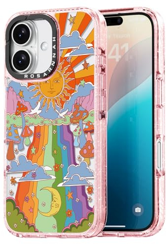 Rosarnnah Coque compatible avec iPhone 16 – Coque de téléphone durable antichoc de 2 m – Motif champignon amusant rose pailleté pour iPhone 16 6,1