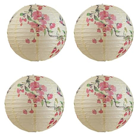 Surwin Mittherbstfest Rund Papierlaterne, Lampions Satz von 4 Papierlampe Hängend Papierlaternen für Feste Feiern Garten Party Dekoration Neujahr (30cm/12 inch,Blühender Vogel)