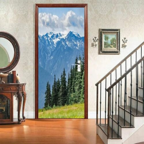 Sticker Porte Montagne de Neige Papier Peint Porte Des Bois 3D Stickers de Porte Trompe l'Oeil Autocollant de Décoration pour Porte Mural Salon Chambre Poster Porte 77x200 cm a.610