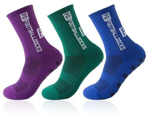 3 Paare Fußballsocken für Anti Rutsch Grip Fußball Socken für Herren Damen Sportsocken Fußball Absorbiert Schweiß 39-46 Atmungsaktiv Laufsocken Kompression Elastische Socken(lila+grün+blau)