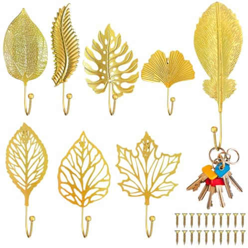 XingyLi 8 Stück Blätter Garderobenhaken Gold, Blatt Form Kleiderhaken Wand Haken mit 20 Schrauben, Metall Dekorative Hängende Wandhaken, Garderobe Handtuchhaken Schlüsselhalter für Küche Bad Dekor