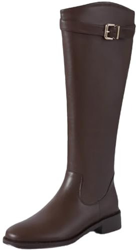 Stivali alti al ginocchio da donna, alla moda, con fibbia, invernali, tacco basso, Marrone, 40 EU