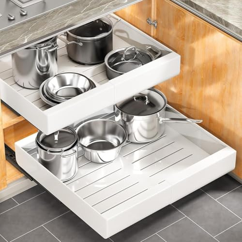 Pull out Cabinet Organizer, 2-pack, Expandable(12-20) Heavy Duty Slide out Drawers Fixed with Adhesive Nano Film for Pots, Roll out Shelf Storage for Kitchen Base Cabinet Organization(3 Rails)
