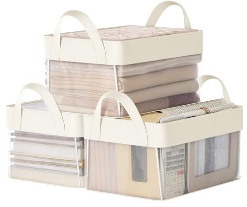 SONGMICS Aufbewahrungsbox 3er Set, Aufbewahrungskorb klein, Ordnungsboxen Stoff, Faltbox, transparentes Nylonnetz, 30 x 20 x 15 cm, Griffe, für Badezimmer, Küche, cremeweiß RFB915W01