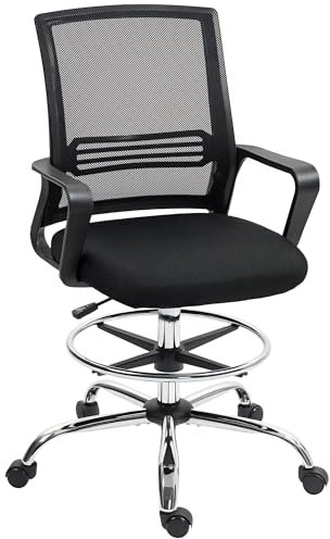HOMCOM Bürostuhl, Ergonomischer Zeichenstuhl, Höhenverstellbar Computerstuhl mit Armlehne, Lendenwirbelstütze, Schreibtischstuhl mit Fußring, Drehstuhl für Büro, Wohnzimmer, Mesh, Schwarz