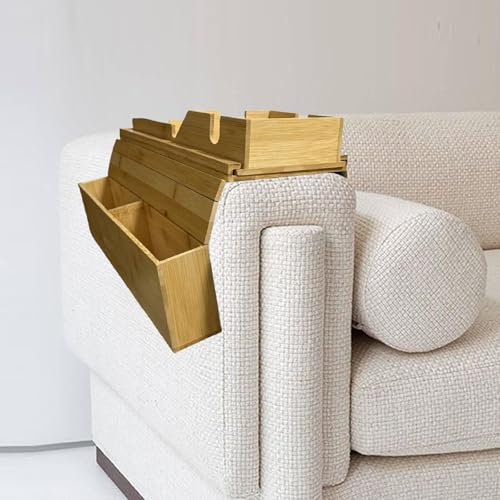 Bamboo Sofa Arm Tray, Wooden Drink Holder Table with Cup Holder, Couch Armrest Organiser, Natural