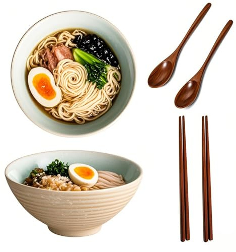2 Sets 1000 ml Ramen Bowl mit Löffel und Essstäbchen, Ramen Schüssel Keramik, Suppenschalen Rührschüsseln, Japanische Suppenschüssel, Salatschale für Nudeln (Eine Schüssel rein.)
