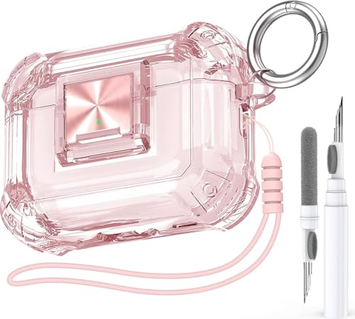 Joremx Kompatibel mit AirPods Pro 2 Hülle, Transparente hülle Mit Sicherheitsschloss für umfassenden Schutz, Gehäuse für AirPod Pro 2 Case mit Reinigungsset und Handschlaufe-Pink