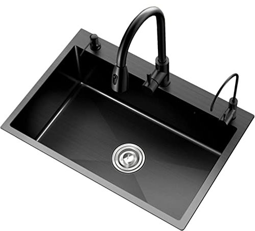 HUIBBGO Fregadero de Cocina de una Sola cubeta, de Acero Inoxidable, Color Negro, con Grifo extraíble, Fregadero de sobreponer Profundo, con escurridor