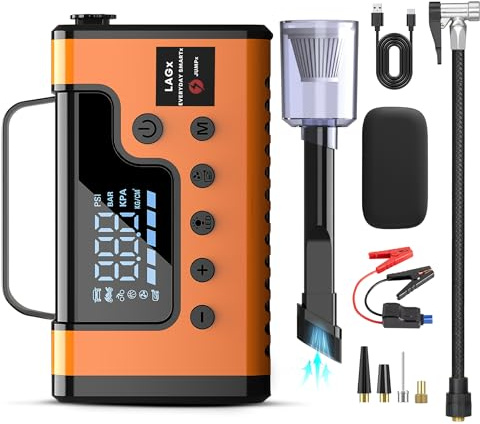 (Tout en 1) Booster Batterie Voiture 10,000A + Aspirateur (Compresseur Pneu, Démarreur Batterie, Booster Batterie Moto, Jump Starter, Chargeur Batterie Auto, Batterie Camping)