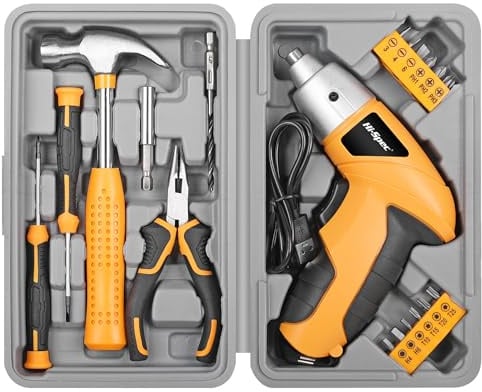 Hi-Spec Gelb Werkzeugset mit USB 3.6V Akkuschrauber. Kleiner Werkzeugsatz | 19-tlg. mit elektrischem Schraubendreher, Bit set, Hammer, Zange und mehr alles in einem kleinen Werkzeugkoffer