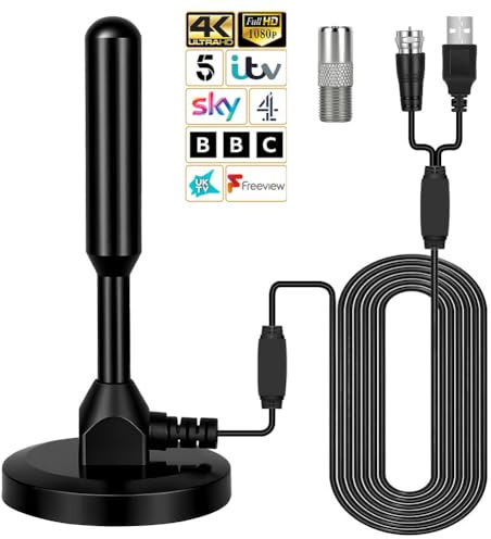 Adiwo Indoor Outdoor TV Aerial, HDTV Aerial, Portable HD Digital Antenna with Magnetic Base, for Smart TV, DVB-T/T2 Antenna, for Freeview and DAB Broadcasts, 16.5 FT Coax Cable, for Home Car Camping